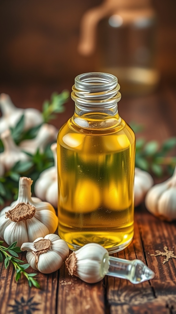 Glass jar of garlic oil with garlic cloves on a wooden table.